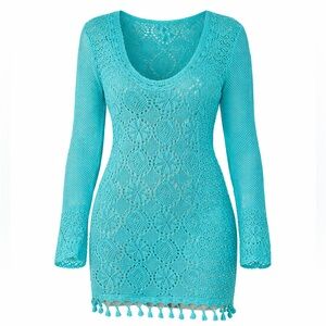 Turquoise Crochet Beach Cover-Up Mini Dress XS / S
